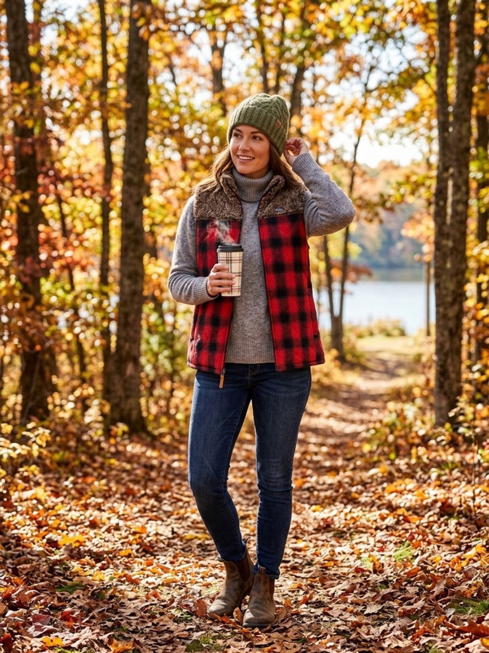 Simply Southern Red Sherpa-Trim Plaid Vest